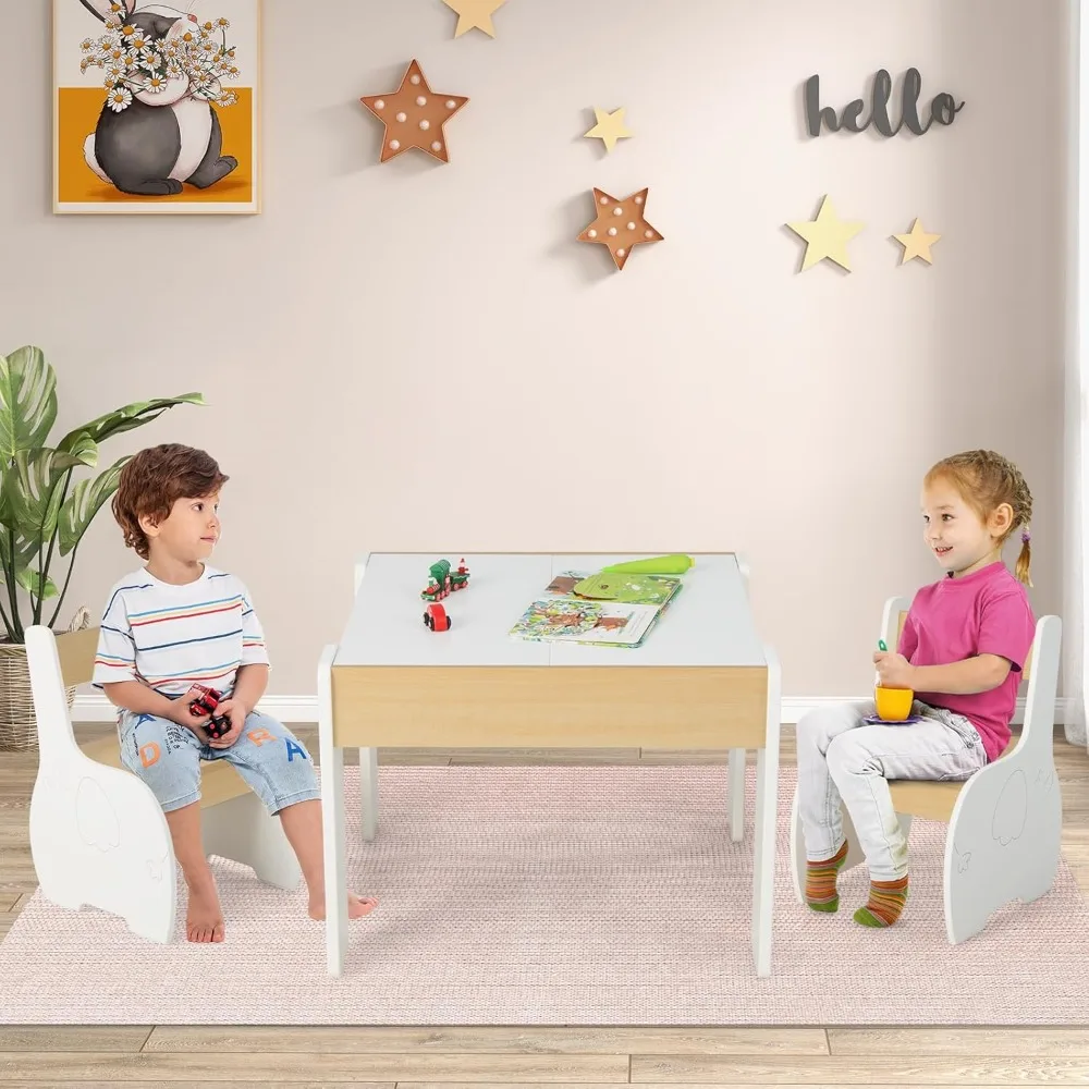 3 in 1 Kids Table and Chair Set, Wood Multi Activity Table with Removable Tabletop Storage, Detachable Blackboard