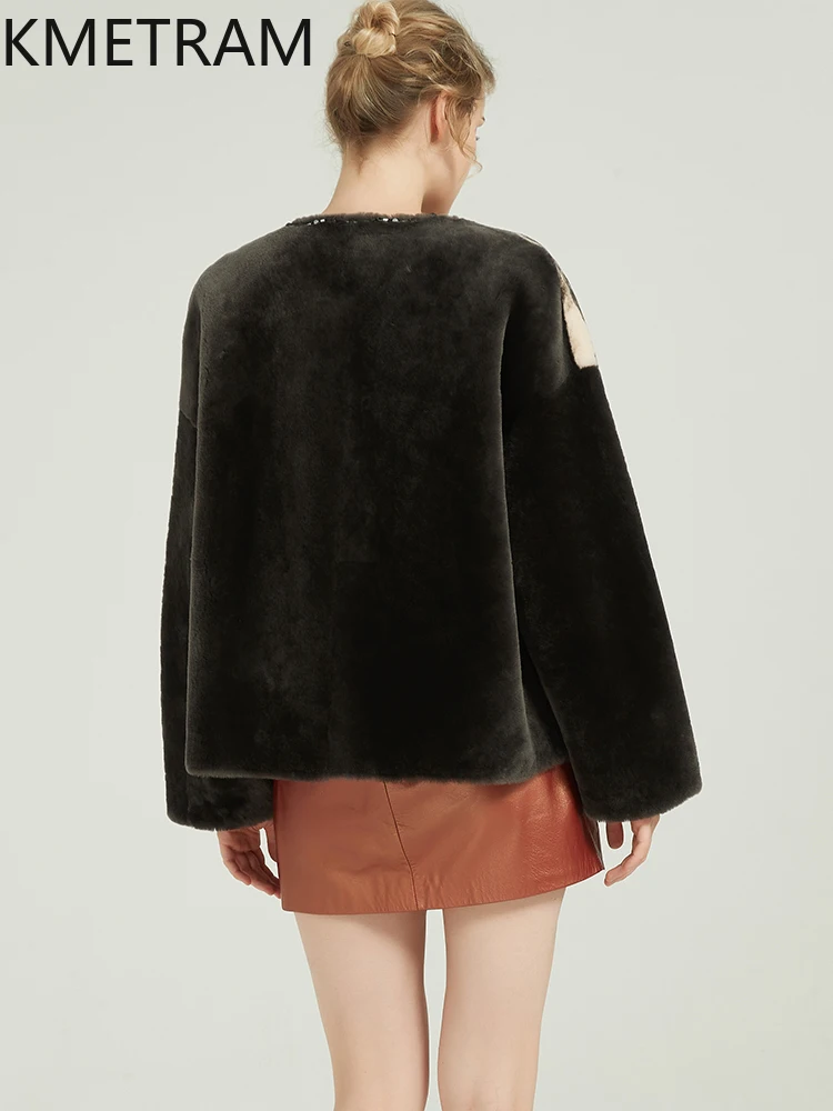 KMETRAM piel de oveja Natural con lana abrigo de piel atada moda corta nuevo 2025 invierno mujer chaqueta estampada manteaux hiver femme