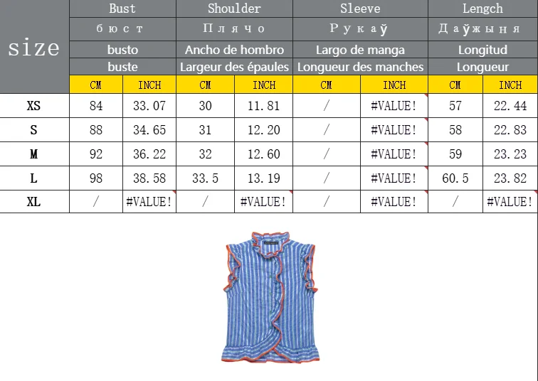 Damen Gestreifte Ärmellose Rüschenbluse mit Stehkragen und Einreihiger Knopfleiste, Neues Street-Casual Damen-Tanktop – Detail 1