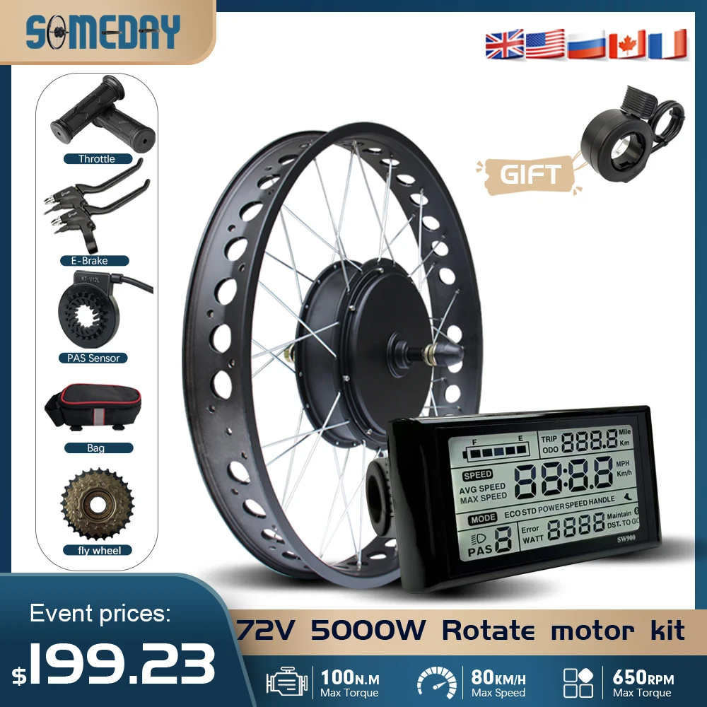 Fat E-bike Conversion Kit Brushless Rear Rotate Hub Motor Wheel 72V 5000W Dropout 170mm 20/24/26inch for Snow electric bicycle