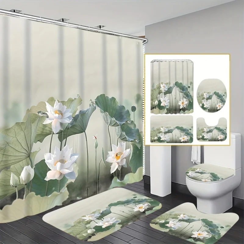 Luxury White Lotus Shower Curtain Set with 12 Free Hooks: Includes a Waterproof Curtain, Non-Slip Bath Mat, Toilet Seat Cover, a