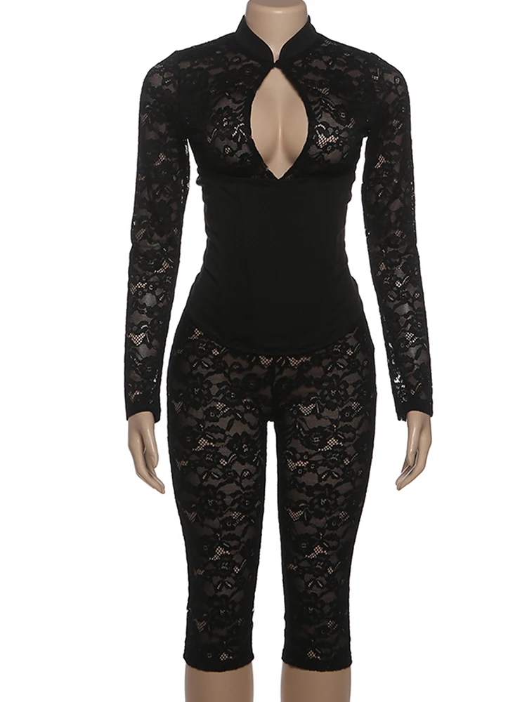 Kliou الدانتيل المرقعة السروال القصير الدعاوى المرأة مثير الجوف الوقوف طوق كم كامل نحيل بلايسوت + تانك القمم محب 2 قطعة مجموعة #6