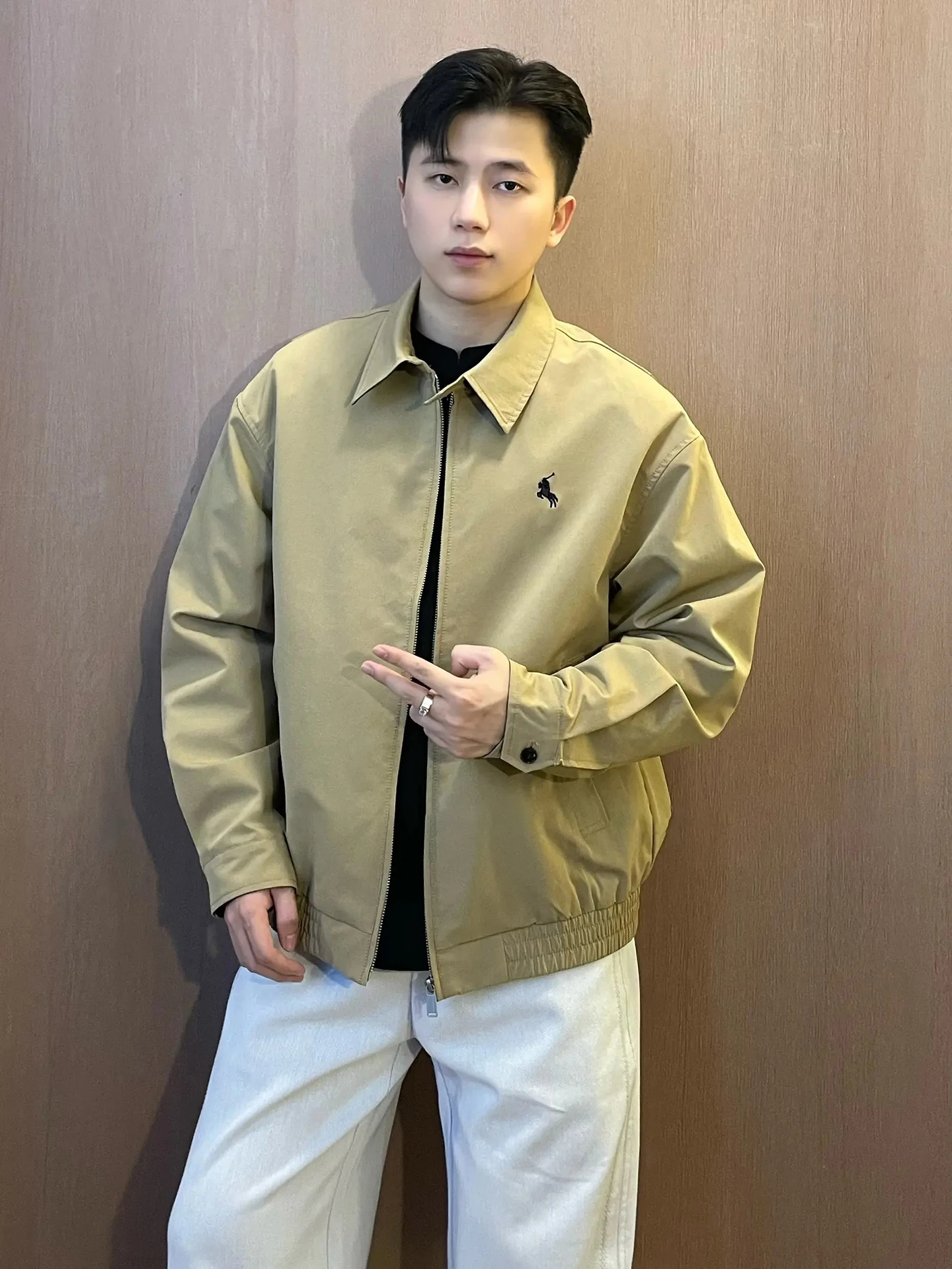 

Khaki Color Adstrative Collar Jaet Men's Autumn Embroidery Commute Lightweight Maturi ort Sle Baseball Coat