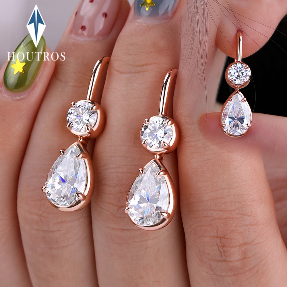 Bezel Setting Round & Pear Cut Moissanite Diamond Drop Earrings 925 Sterling Silver Dangling Teardrop Earrings for Women Jewelry