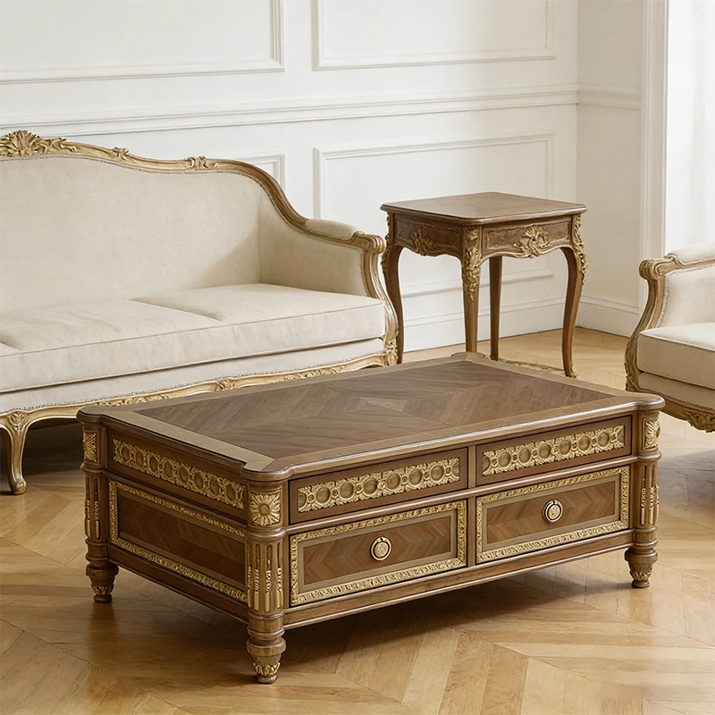 !@Apartment&Villa Classical French Style Living Room Coffee Table Rectangular Mahogany Solid Wood Luxury Center Table