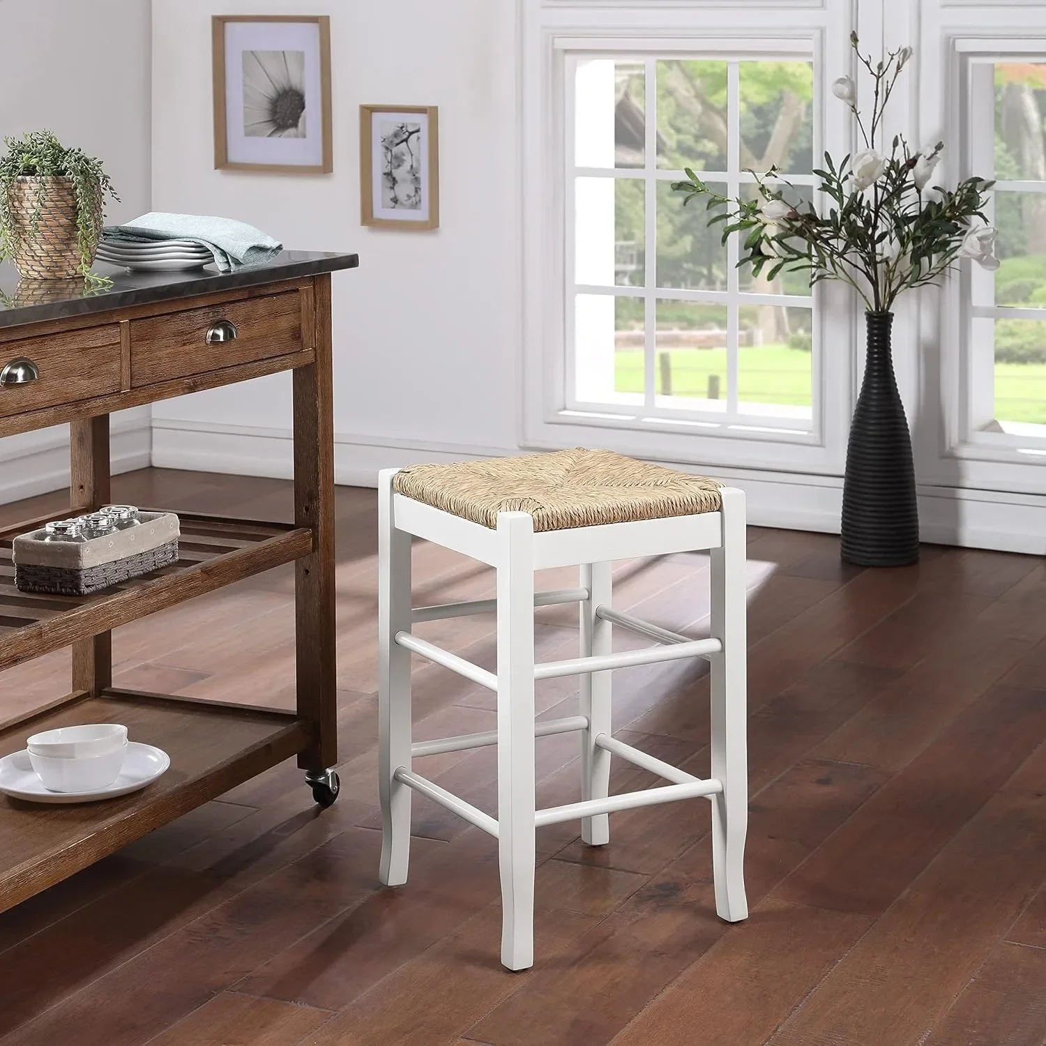 Banqueta de balcão com acabamento creme 24", tamanho compacto de 15 x 14,57 polegadas - para cantos de café da manhã aconchegantes e espaços pequenos