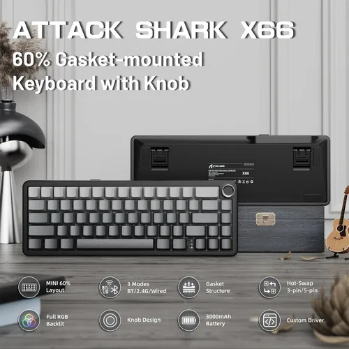 Teclado mecánico inalámbrico para jugar Attack Shark X66 con perilla de volumen, teclas PBT impresas lateralmente retroiluminadas RGB