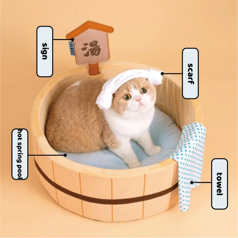 Japanese Style Hot Spring Pool Cat Bed Bathtub Shape Dog House Detachable Puppy Basket Basin Kitten Nest Pad Plush Sleeping Bed