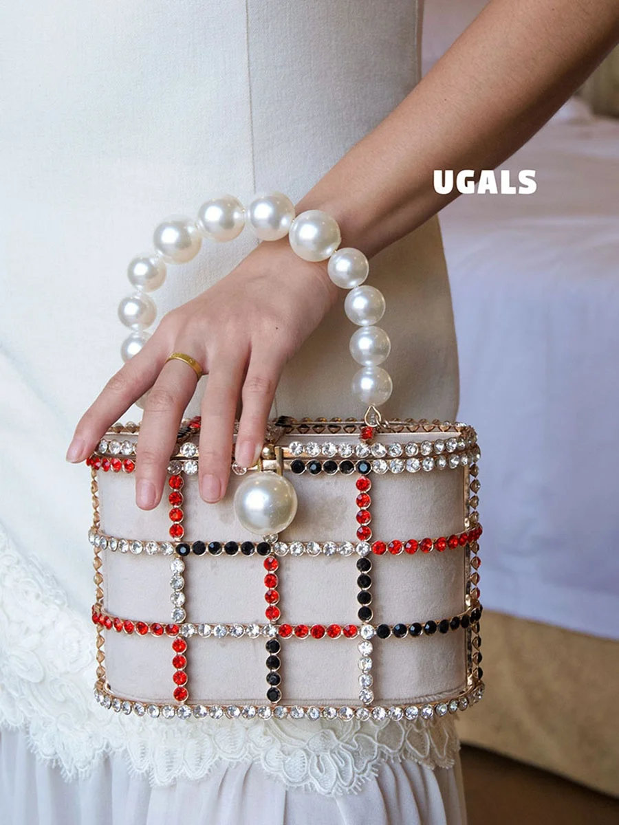UGALS Pearl Metal Birdcage Bucket Handbag Women's Crossbody Clutch Bag for Banquet Square Grid Pattern Iron Hardware