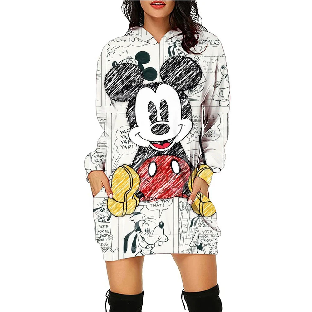 Spring and Autumn Hoodie Dress Women\'s Long Sleeve Cute Hoodie Disney Mickey Mouse Knee length Dress Slimming Street Dress