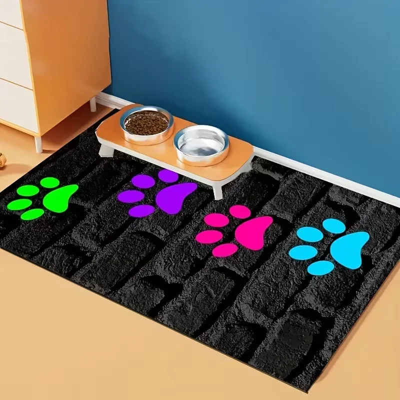 1 Piece of Cute Black Dog Paw Colorful Pattern Pet Feeding Mat Pet Bowl Mat, Feeding Mat Household Home Decoration