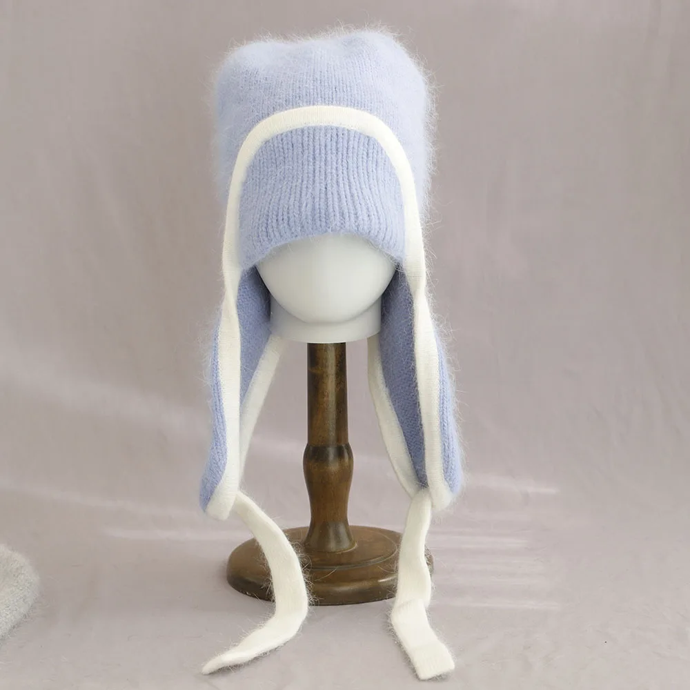 Chapéu earflap feminino inverno angora malha gorro acessório quente para tempo frio outono ao ar livre esqui esportes férias