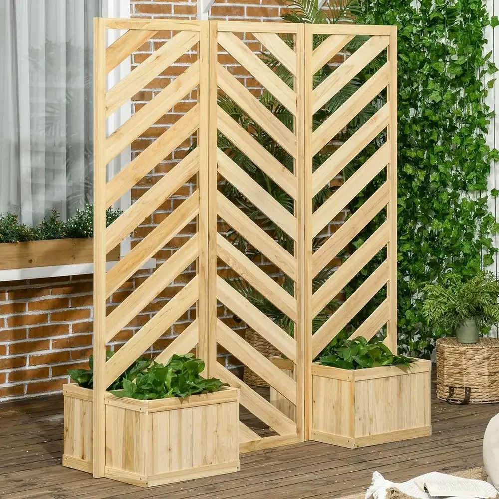 Outdoor Natural Wood Privacy Screen with 4 Drainable Planters and 3 Trellis Panels