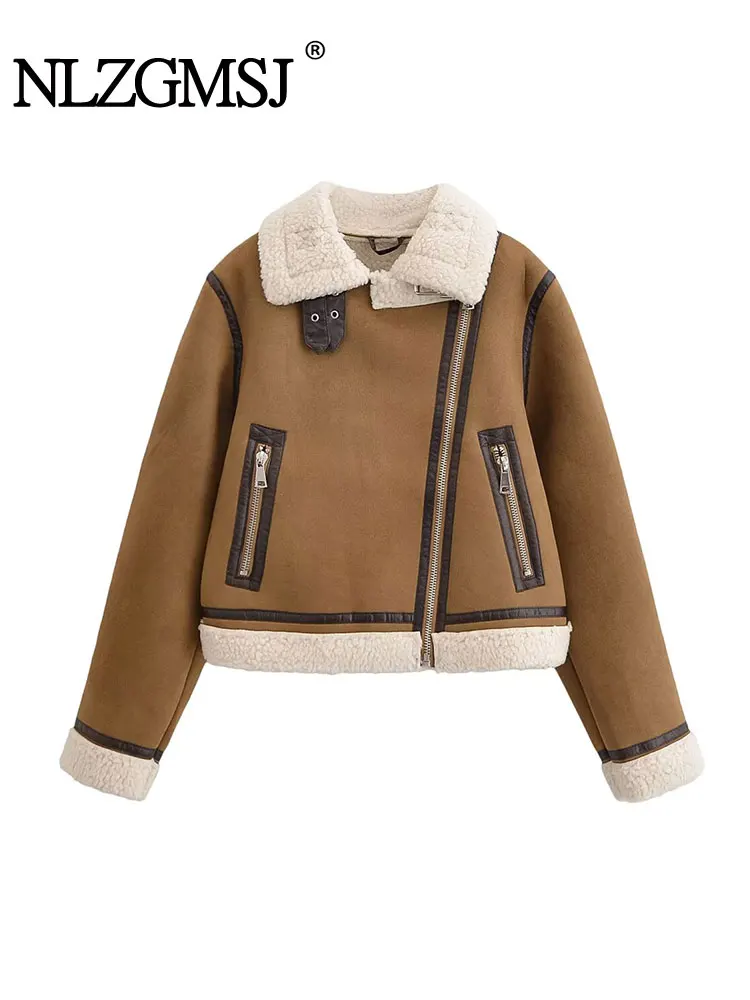 

NLZGMSJ Women Loose Jacket 2025 Winter Warm Thicken Fleece Long Sleeve Pockets Faux Suede Coat Female Top Y2K