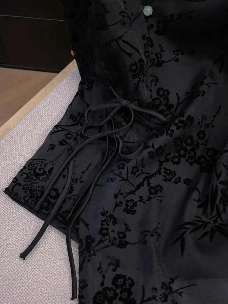 ผู้หญิง Jacquard เสื้อชีฟองสีดําแขนสั้นหลวม TOP Office สวมใส่สบายๆ LACE-Up เสื้อ Lady PLUS ขนาด