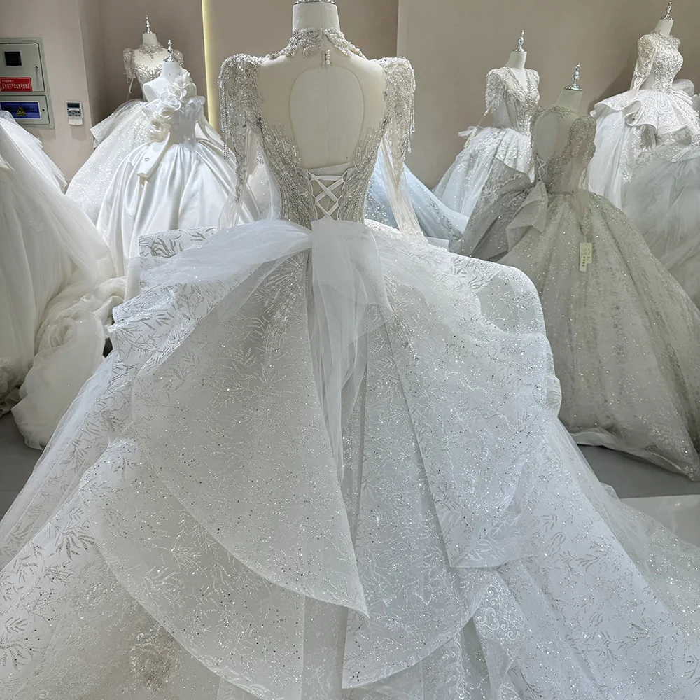 أكمام طويلة مخصصة عالية الرقبة رائع الترتر سباركلي بلورات فستان الزفاف الرسمي زي العرائس Fساتين الحافلة #6