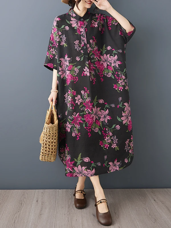 

Summer New round Neck Short Sleeve Linen Cotton Shirt Dress Women's Extra Large Loose Knee-Length Robe Dress Batwing Sleeve