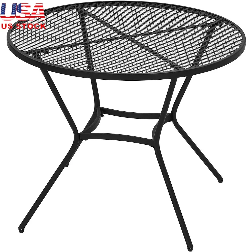 35 Inch Round Outdoor Patio Bistro Table Fast Drying Metal Mesh Top Adjustable Non Slip Feet Ideal Garden Balcony Dining