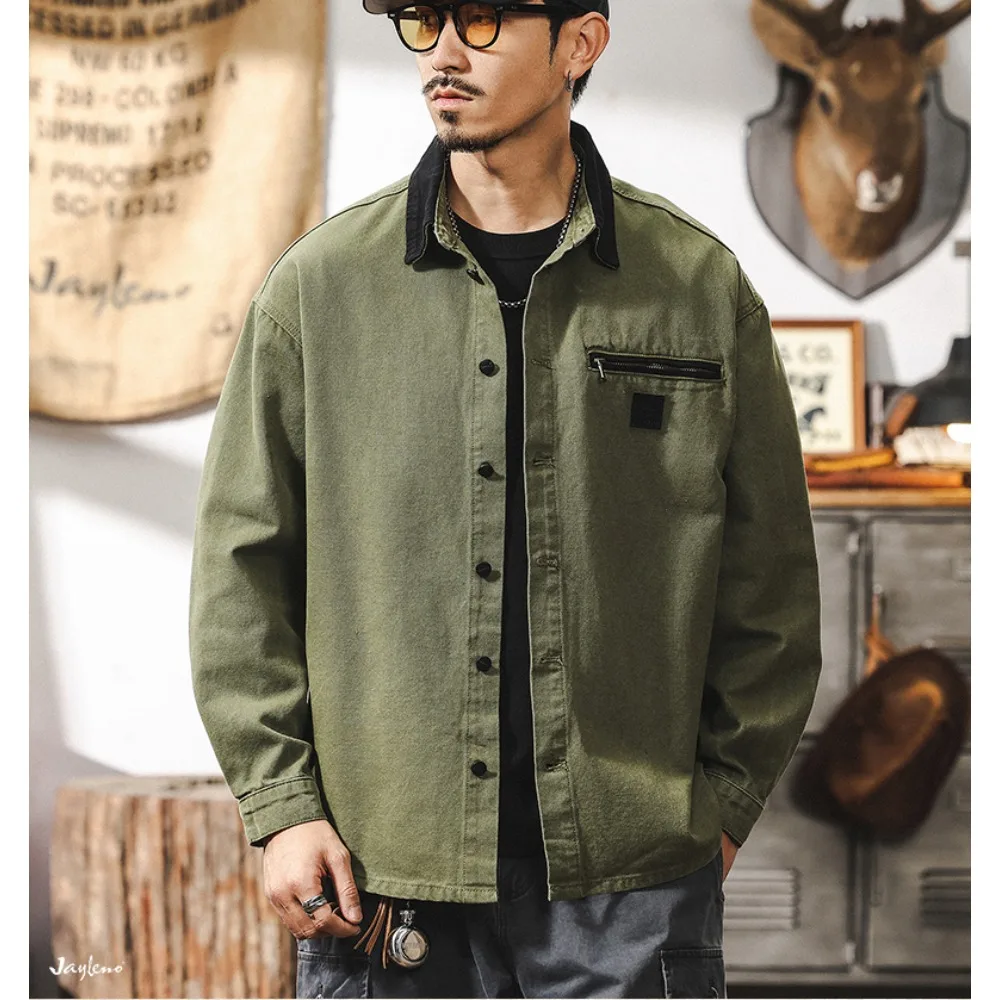 

2025 весна и осень, новая бордоская красная рубашка-карго, мужская рубашка с длинными рукавами в стиле ретро, свободное пальто мая хаки