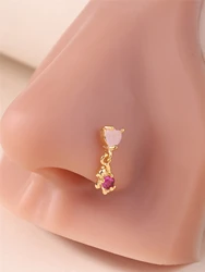 1Pcs 20G L Shaped Nose Studs for Women Girl Dangling Bear Love Round Cut Pink CZ Cute Nostril Piercing Jewelry