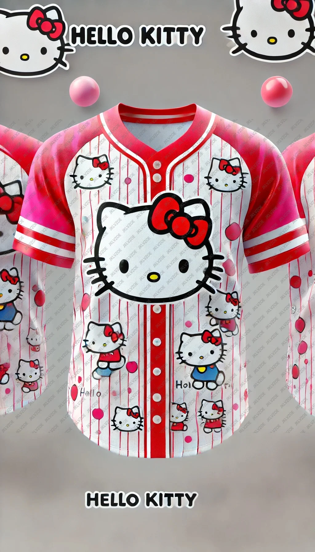 MINISO Hello Kitty Special Edition Family Baseball Uniform Summer Button Football Jersey Breathable Baseball Tee For Kid/Adult ﻿