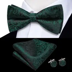 Hi-Tie Jacquard Paisley Dark Green Bowtie for Men Silk Butterfly Tie Bow Tie Hanky Cufflinks Wedding Party Gift Bowtie Wholesale