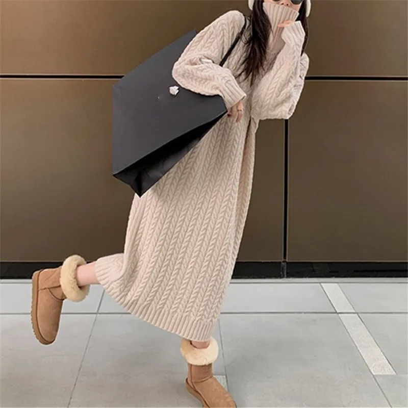 

Fashionable Polo/turtle Neck Sweater Skirt Over Knee Thickened Winter Inner Cable Knit Dress Overcoat Long Base Layer E2872