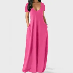 European and American spring and summer women's solid color dress sexy deep V short-sleeved long skirt