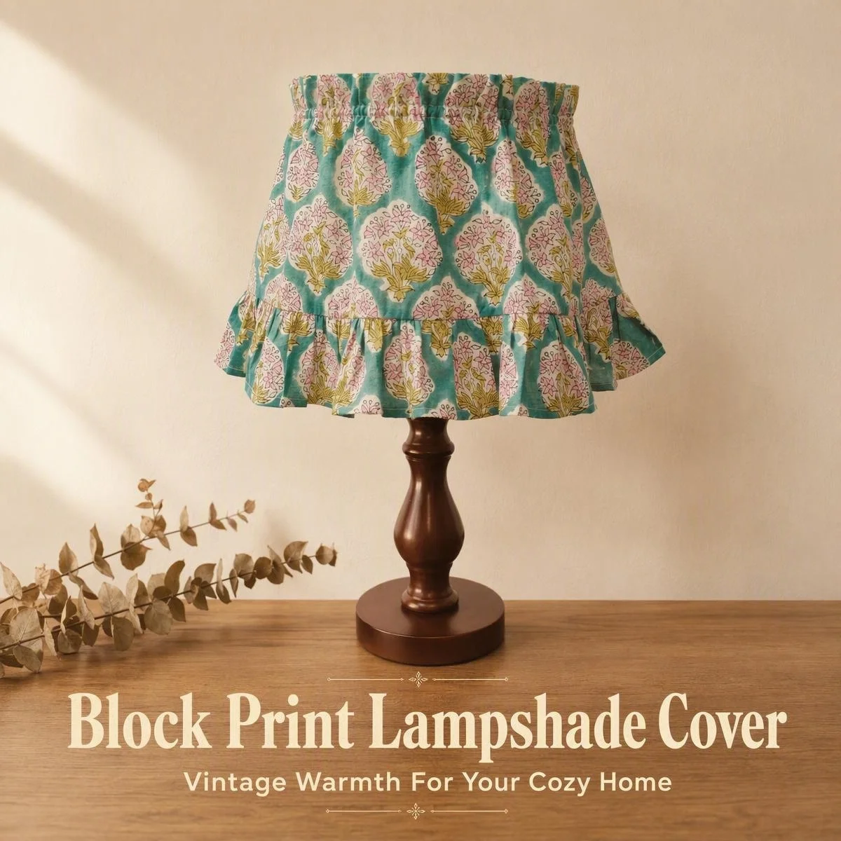 Handmade Indian Cotton Block Print Ruffle Lampshade - Bespoke Slipover Fabric Cover Cottage Core Design