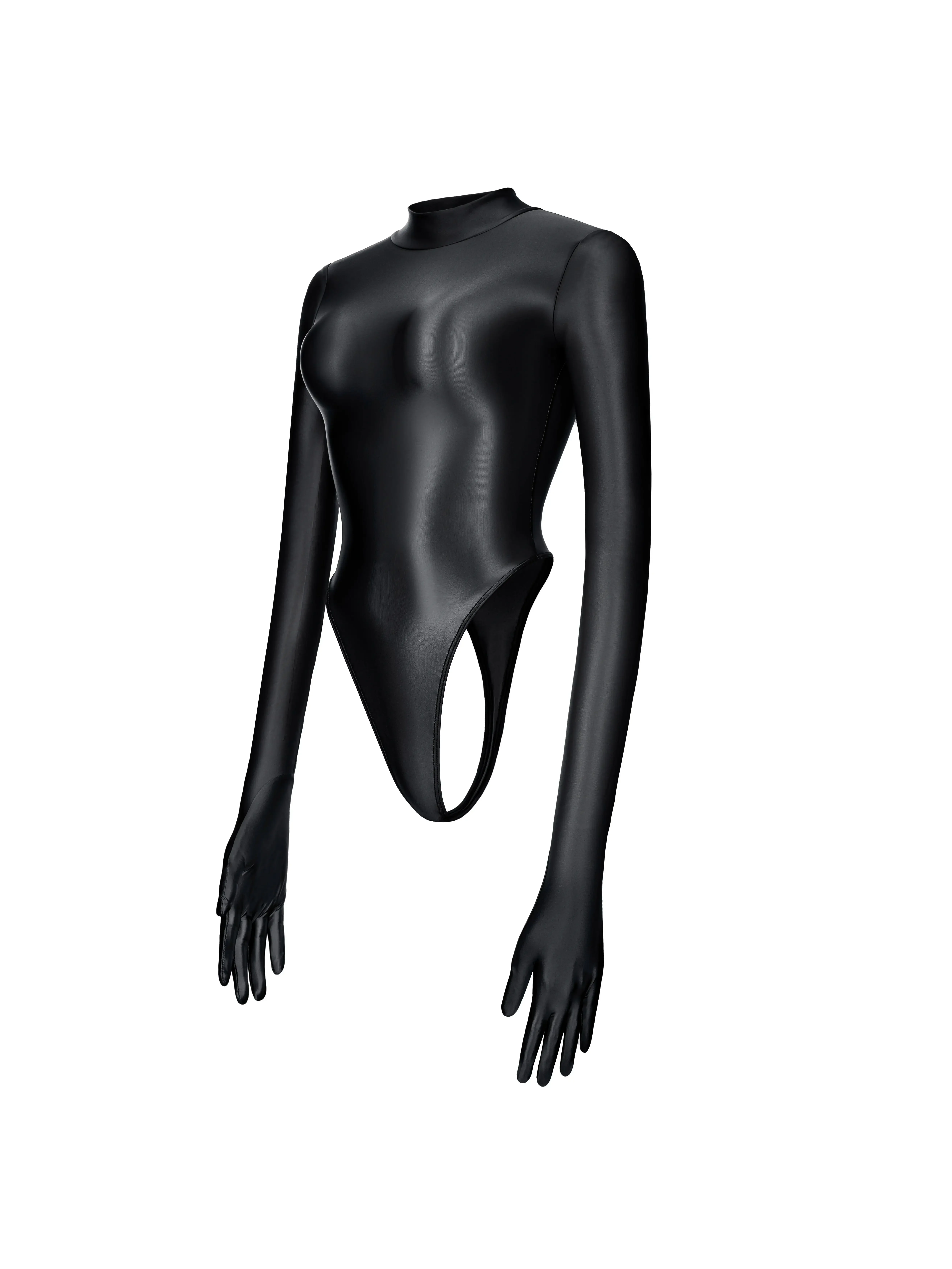 Sexy Women High Cut Bodysuit Elastic Tops One Pieces Thong Yoga Shaping Tights Satin Shiny Maid Leotard Five Finger Glove Sleeve