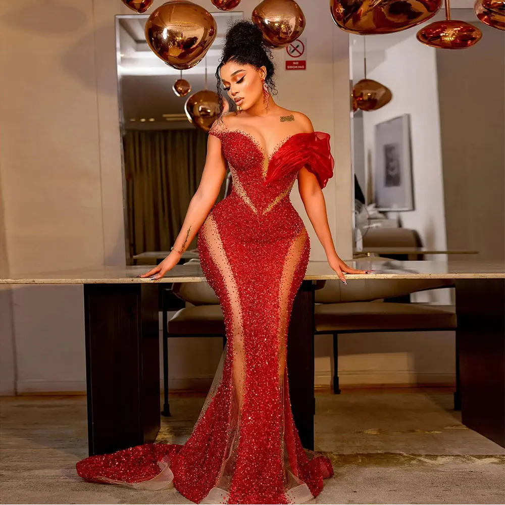 Red Sparkly Sequin African Mermaid Evening Dresses Beaded Sexy Off Shoulder Aso ebi Formal Dress Illusion Women Prom Party Gowns