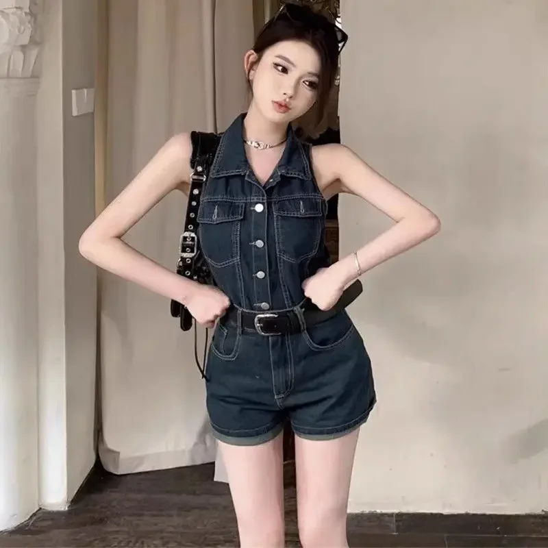 Women Jumpsuit Summer Fashion Thin Strap Buttoned Distressed Casual Sleeveless Pocket Design Streetwear Denim Romper Y2K