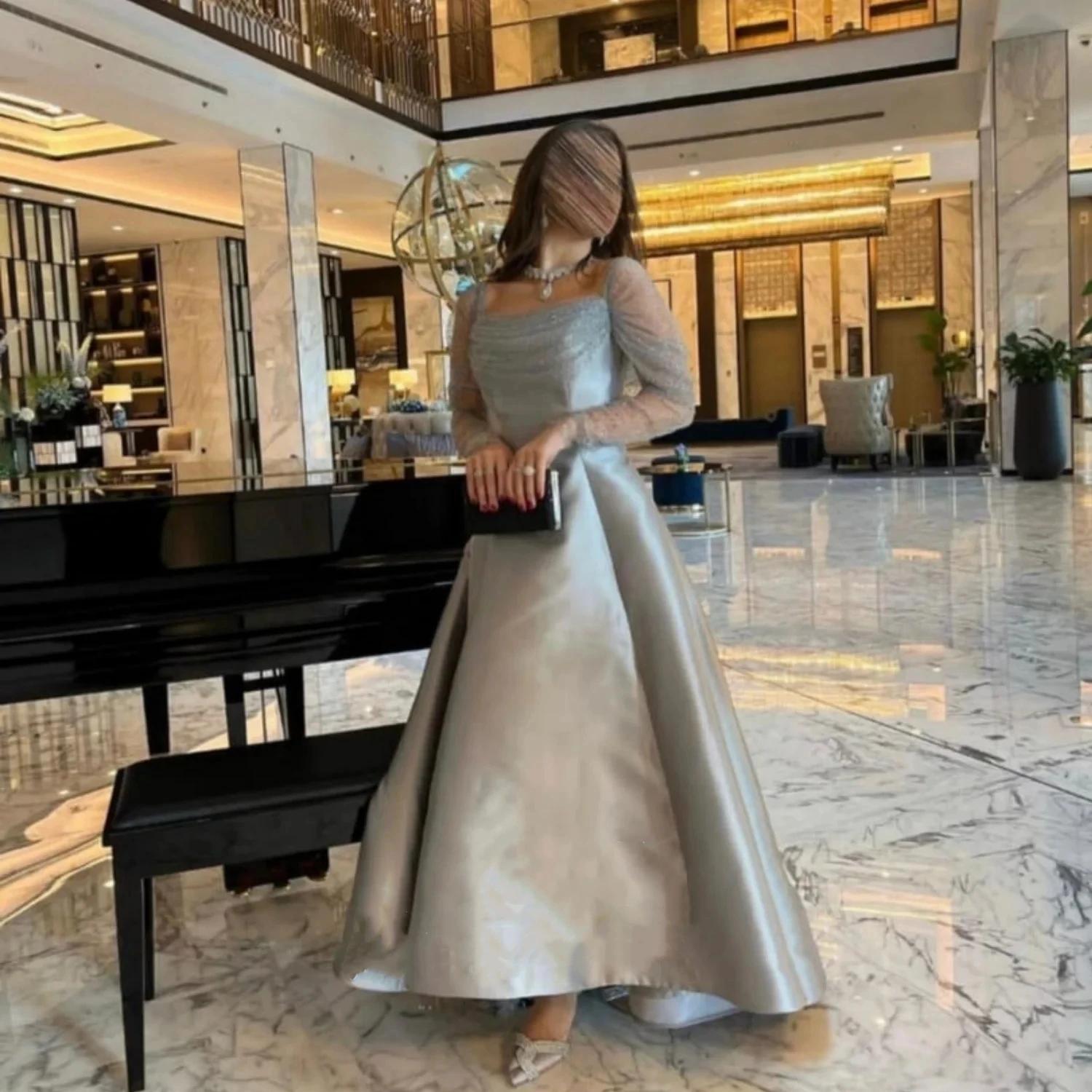 Silvery Off Shoulder Long Sleeve Evening Gown Square Collar A Line Ball Gown Sparkling Carnival Glitter Gown Arabic Formal Robe