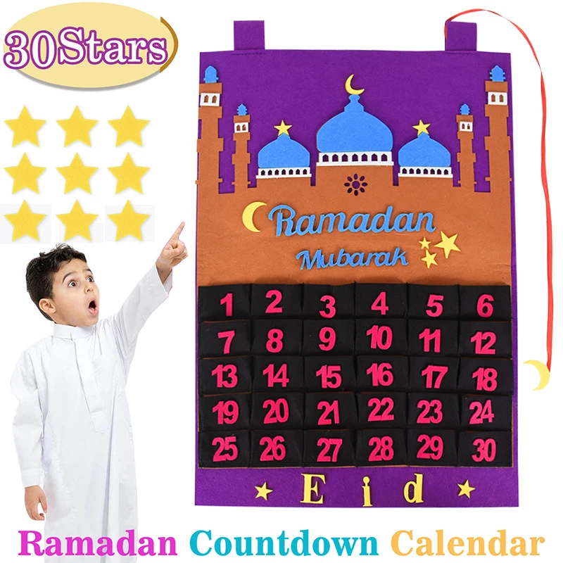 1PC Eid Mubarak Advent Calendar Ramadan Decoration Countdown Felt Calendar Hanging Ornament Home Islamic Muslim Party Decoations