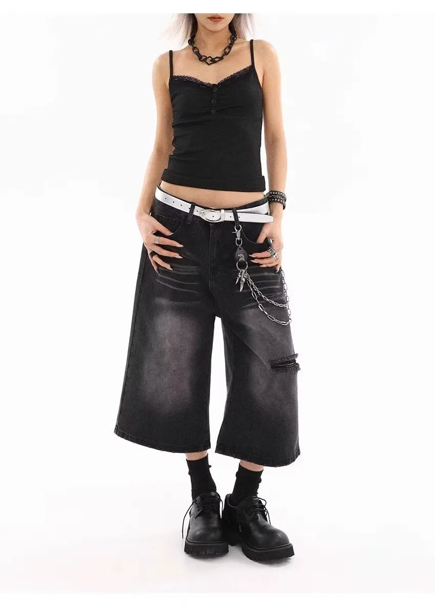 الدنيم السراويل الجينز 7 نقاط السراويل النسائية الجينز تمتد ملابس الصيف Coquette Shoujo فتاة نمط فضفاض السراويل امرأة متوهج Y2k جان