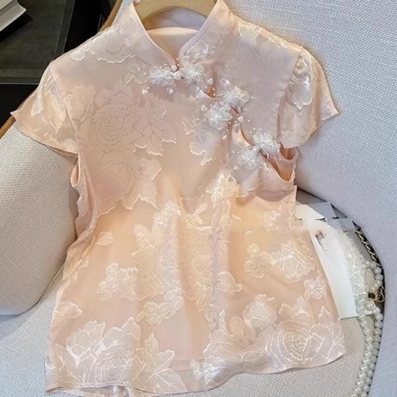 

Summer Women Chinese Style Dobby Floral Short Sleeve Mandarin Collar Top Shirt , Vintage Applique Flowers Pearls Tops for Woman
