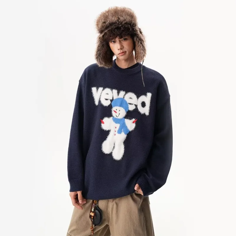 

2026 Autumn Winter New Unisex Round Neck Sweater Men's Cartoon Print Loose Fit Thickened Warm Knitwear Top
