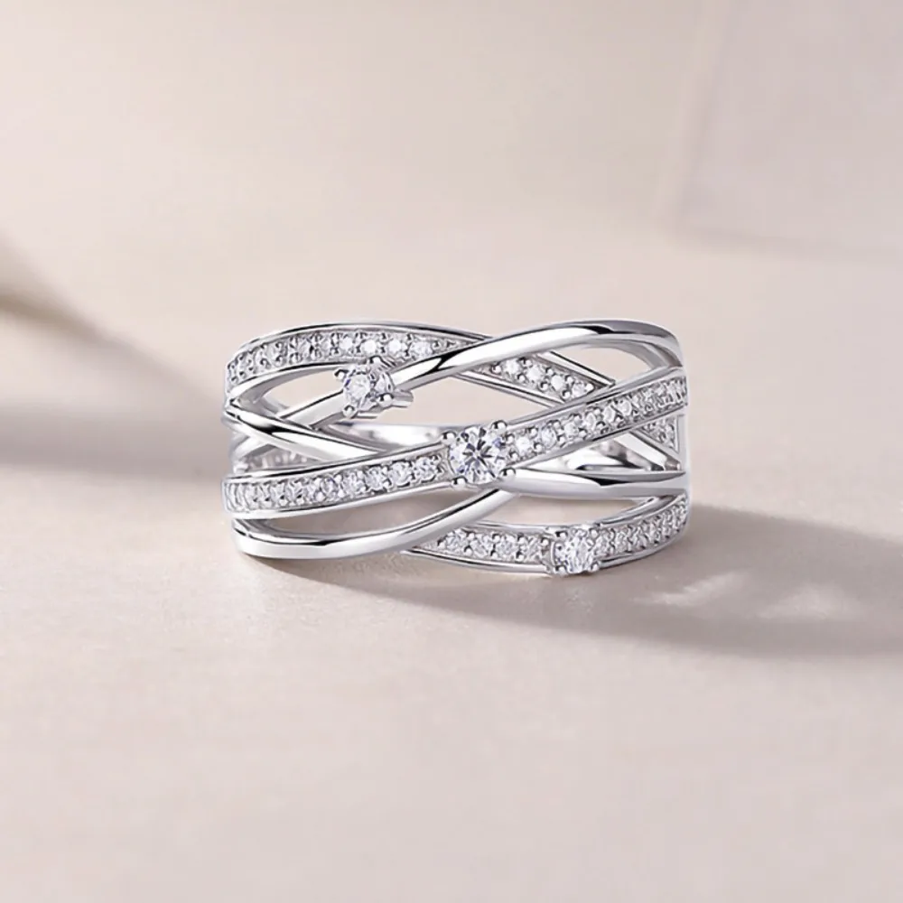 Minimalist Geometry Silver Color Multi Cross Twisted Lines 5A Zircon Rings for Women Colorfast Luxury Statement Jewelry Gifts