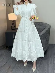 Elegant Lace ruffles long dress Women's 2024 Autumn Beach Hollow out embroidery Maxi dresses Solid Clothing Lady INKEO 4D087