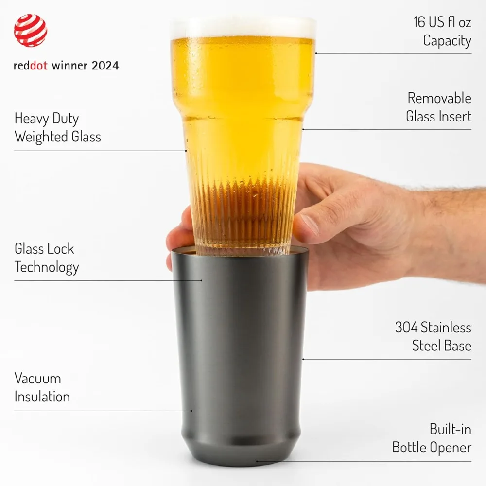 

Vacuum Insulated Stainless Steel Base Removable Pint Glass Insert for Beer Cold Beverages Built in Bottle Opener Durable