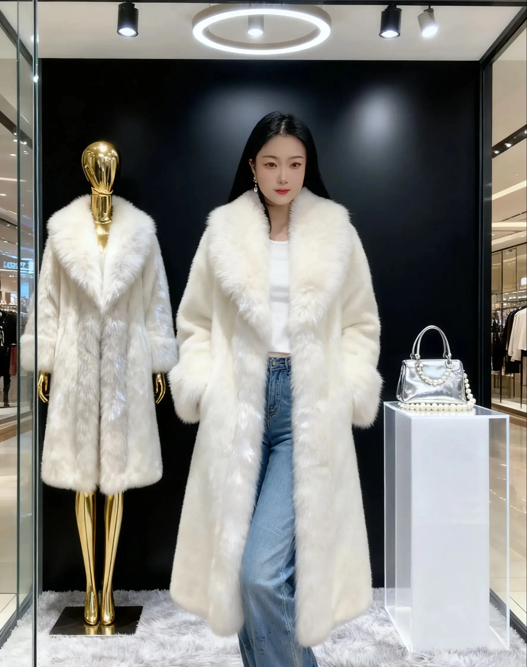 

Elegant Large Turn-down Collar Female Overcoat New Autumn Winter Luxury Ultra Long Faux Fur Jacket Long Sleeve Warm Fur Coat