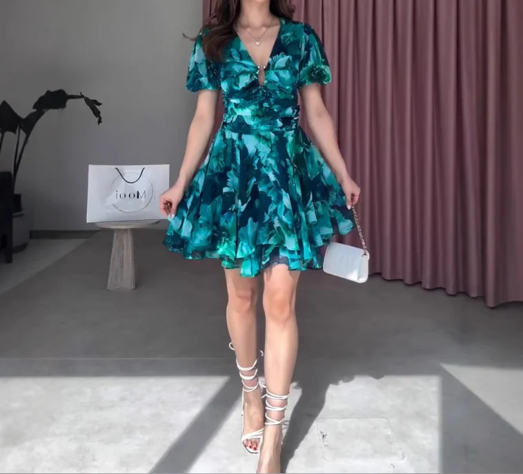 

Elegant Party Dresses Woman V-Neck Slim Fit Short Sleeved French Flower Print A-Line Dress Women's Summer Elegant A-Line Dress