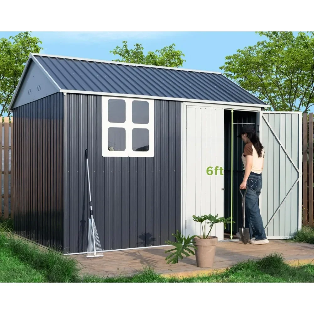 10x8x8 FT Shed 4-pane Window Cottage Storage Shed Outdoor Metal Garden House Double Hinged Lockable Doors, Sheds Outdoor Storage