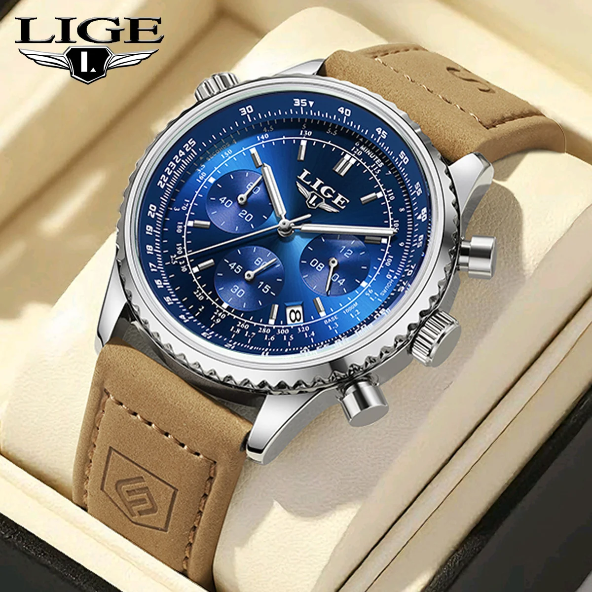 

LIGE Luxury Mens Watch Fashion Rotating Dial 30M Waterproof Man Wristwatch Business Chronograph Calendar Quartz Watches for Men