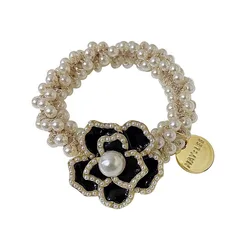 Women Accessories Hair Elegant Rhinestone Flower Hair Pearl Beaded Headwear Elastic Rope Ponytail Hair Handmade