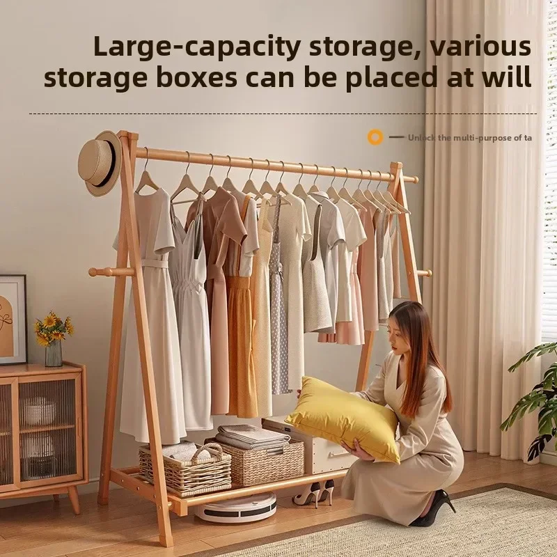 Solid Wood Coat Rack Floor-to-ceiling Household Hanger Bedroom Room Beech Clothes Drying Rack Indoor Simple Vertical Pole