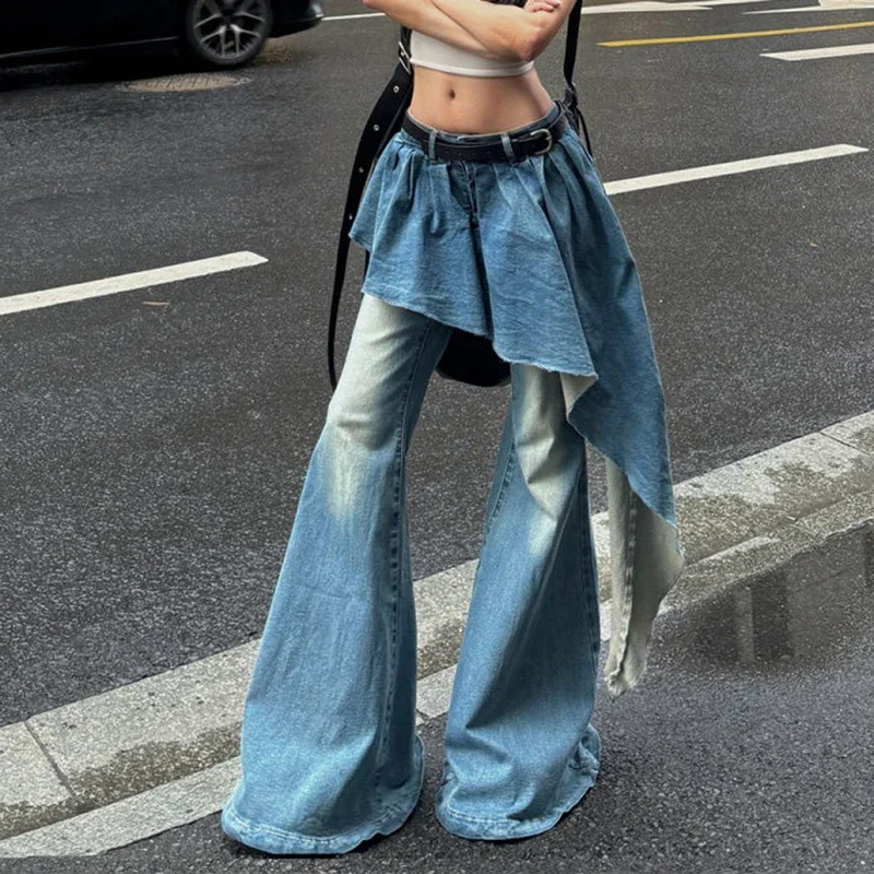 French blue fake two-piece jeans women spring and autumn new retro niche design sense irregular skirt flared pants wide-leg pant