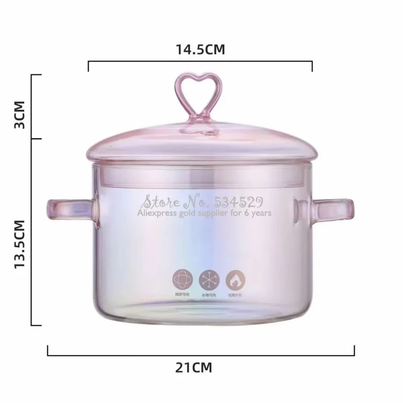 High Borosilicate Soup Pot Heat-resistant Binaural Cooking Pot Open Fire Instant Noodle Cookware 1500ml Love Pink Glass Pots