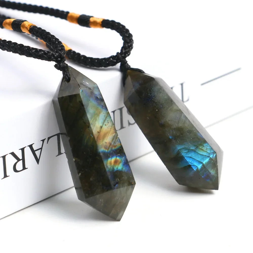 Natural Labradorite Pendant Men Women Necklace Double Stick Hexagon Point Energy Blue Crystals Quartz Moonstone Jewelry Ornament