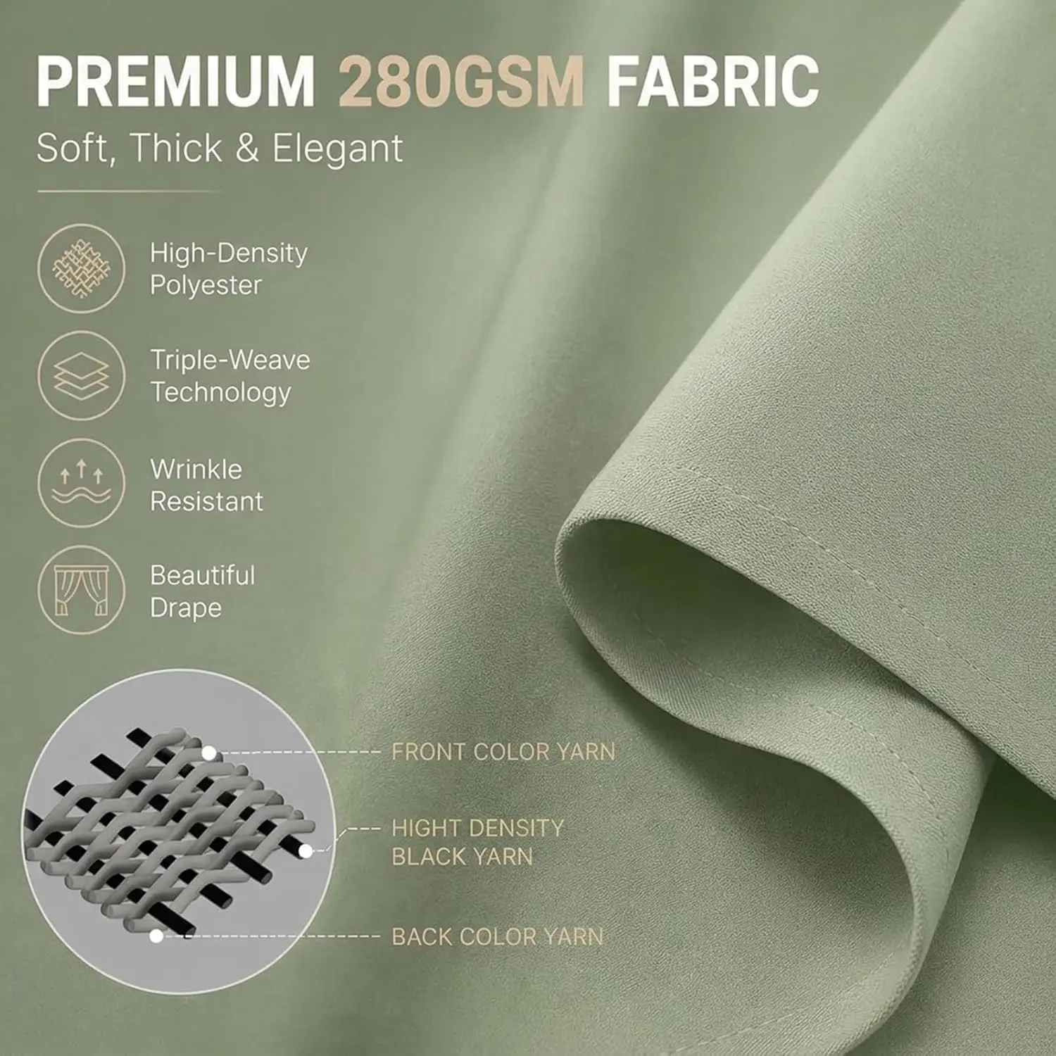 Sage-Green Solid 2-Panel 84-Inch Grommet-Top Blackout Curtains, Each Panel 52 Inches Wide, Thermal-Insulated Energy-Saving Drapes for Bedrooms & Living Rooms